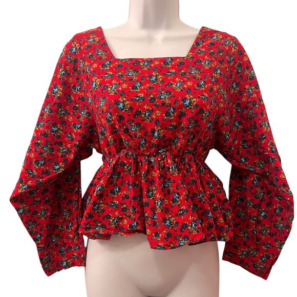 Romantic Cottagecore Red Floral Peplum Blouse | Square Neck Puff Sleeve Small - Picture 1 of 14
